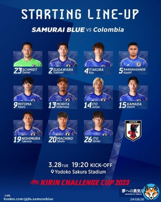 #SAMURAIBLUE LINE-UP  #シュミット・ダニエル(GK) #菅原由勢  #板倉滉(C) #バングーナガンデ佳史扶 #三笘薫 #守田英正 #伊東純也 #鎌田大地 #西村拓真 #町野修斗 #伊藤洋輝  #キリンチャレンジカップ 2023 19:20KO () コロンビア  #夢への勇気を #jfa #daihyo #サッカー日本代表