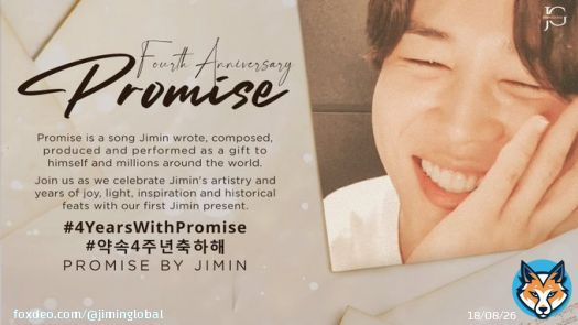 Today marks #4YearsWithPromise, a song Jimin wrote, composed, produced and performed as a beautiful present to us and to himself, a song we love.  Thank you Jimin for four years of joy, light, inspiration and historical feats with Promise.   #약속4주년축하해 PROMISE BY JIMIN