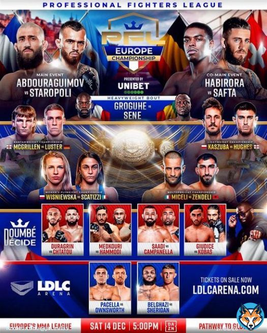 𝗝-𝟳 !   Samedi prochain 4 champions de la @PFLEurope seront couronn&eacute;s &agrave; la LDLC Arena tandis que @CedricDoumbe attribuera un contrat PFL &agrave; un combattant fran&ccedil;ais.   Une soir&eacute;e historique en perspective... attention &ccedil;a part tr&egrave;s vite !