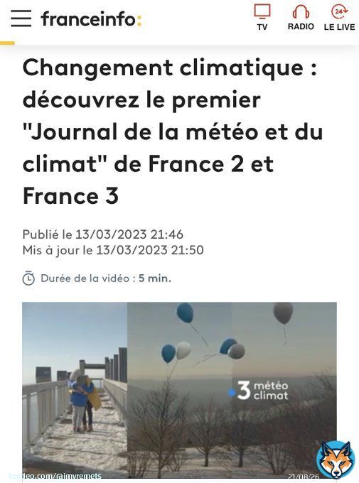 Gr&acirc;ce au nouveau &laquo;&nbsp;Journal de la m&eacute;t&eacute;o et du climat&nbsp;&raquo;, FranceInfo pourra utiliser n&rsquo;importe quel &eacute;v&eacute;nement m&eacute;t&eacute;o pour faire peur  et culpabiliser les gens.  Tout est la fauteaux &eacute;missions de &laquo;&nbsp;gaz &agrave; effet de serre&nbsp;&raquo; des gueux. Tout !  Du g&eacute;nie