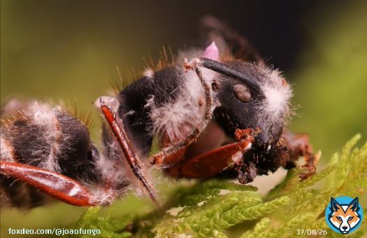 The initial stages of 'zombie-ant fungi' are pure art. Its pink coloration and the asexual features (note the plug behind the ant's head) are prominently beautiful at this stage. Ophiocordyceps camponoti-rufipedis on Campontus rufipes. S&atilde;o JoaJoaquim National Park, Brazil 12/2022