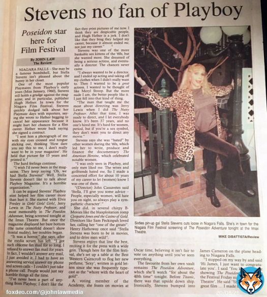 It wasn't here long, but the Niagara Film Festival in '98 and '99 was a trove of great interviews for me. Sadly, many of them are now deceased - John Saxon, Frank Gershin, Jane Russell, Evelyn Keyes and now - today - #StellaStevens.
