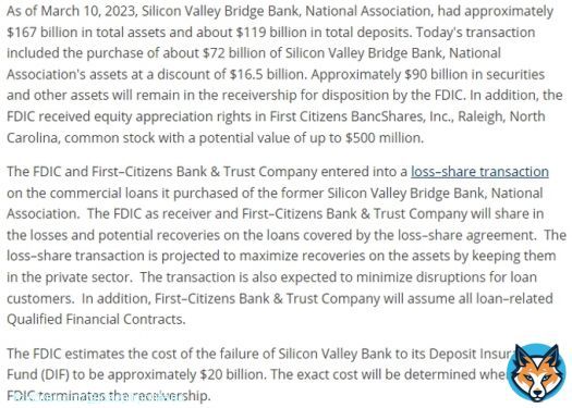 SILICON VALLEY BANK HAS A BUYER: FIRST CITIZENS!  They're taking over all deposits and loans (though not $90B in securities & other assets). Branches of SVB will open as First Citizens on Monday.  The FDIC estimates the failure of SVB will cost tthe deposit insurance fund $20B