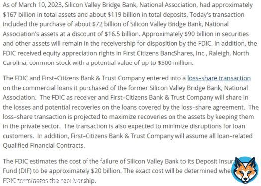 SILICON VALLEY BANK HAS A BUYER: FIRST CITIZENS!  They're taking over all deposits and loans (though not $90B in securities & other assets). Branches of SVB will open as First Citizens on Monday.  The FDIC estimates the failure of SVB will cost tthe deposit insurance fund $20B