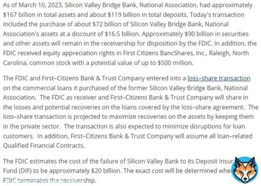SILICON VALLEY BANK HAS A BUYER: FIRST CITIZENS!  They're taking over all deposits and loans (though not $90B in securities & other assets). Branches of SVB will open as First Citizens on Monday.  The FDIC estimates the failure of SVB will cost tthe deposit insurance fund $20B