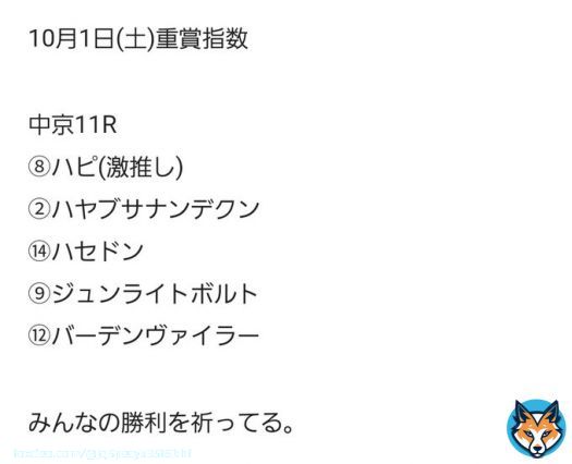 スプリンターズステークス無料指数、指数１位は高指数でオススメだよ  昨日は指数４位ー１位決着だったよ。  秋G1初戦、頑張ろうね。  「(無料)スプリンターズS指数順」を新規投稿しました。フォローRTいいねしたら無料で読めます。  #BOOKERS