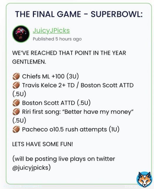 #SUPERBOWL #RECAP:   ABSOLUTE BANGER SUPERBOWL  Chiefs ML   Riri&rsquo;s first song   Pacheco o10.5 rush attempts   SEE YOU NEXT SEASON FOLKS! THANK YOU TO ALL WHO TAILED THIS SEASON!  Love,  Juice   #GamblingTwiitter