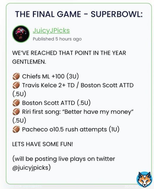 #SUPERBOWL #RECAP:   ABSOLUTE BANGER SUPERBOWL  Chiefs ML   Riri&rsquo;s first song   Pacheco o10.5 rush attempts   SEE YOU NEXT SEASON FOLKS! THANK YOU TO ALL WHO TAILED THIS SEASON!  Love,  Juice   #GamblingTwiitter