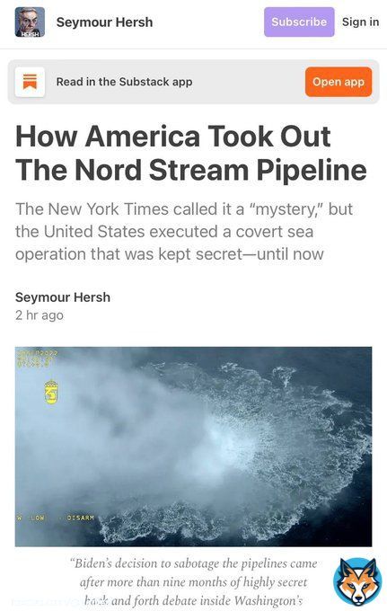 Взрывчатку под &laquo;Северный поток&raquo; заложили водолазы из США, &mdash; Сеймур Херш &laquo;Взрывчатку под газопроводы 'Северный поток' 1 и 2 заложили водолазы США под прикрытием учений НАТО, а активировали её норвежцы&raquo;. Приказ отдал Саллиливан с разрешения Байдена