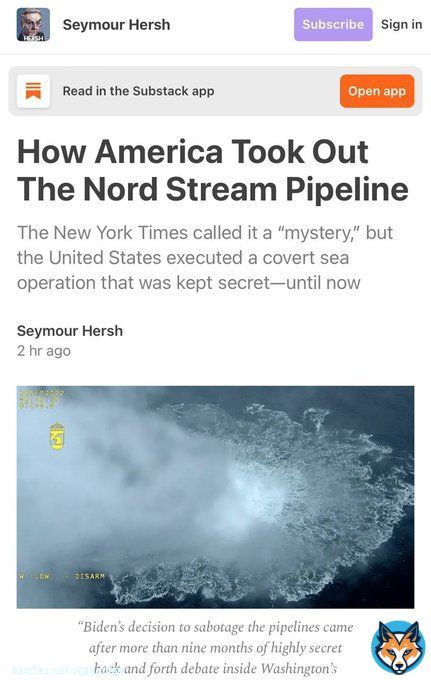 Взрывчатку под &laquo;Северный поток&raquo; заложили водолазы из США, &mdash; Сеймур Херш &laquo;Взрывчатку под газопроводы 'Северный поток' 1 и 2 заложили водолазы США под прикрытием учений НАТО, а активировали её норвежцы&raquo;. Приказ отдал Саллиливан с разрешения Байдена