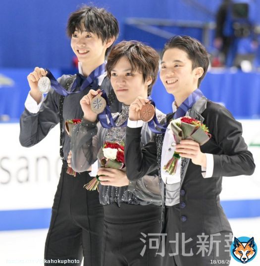 #全日本フィギュアスケート選手権 で優勝した #宇野昌磨 選手（中央） 、２位の #島田高志郎 （左）選手、３位の #友野一希 選手（右）。  #全日本フィギュア #フィギュア全日本選手権