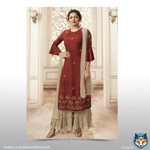 Shop this Drashti Dhami Party Wear Rust Color Embroidered Viscose Fabric Readymade Sharara Suit here at 15% Off :   #DrashtiDhami #celebritystylesuit #celebritystylesalwarsuit #celebstyle #salwarsuit #shararasuit #sharara #ethnicewear #traditionaldre