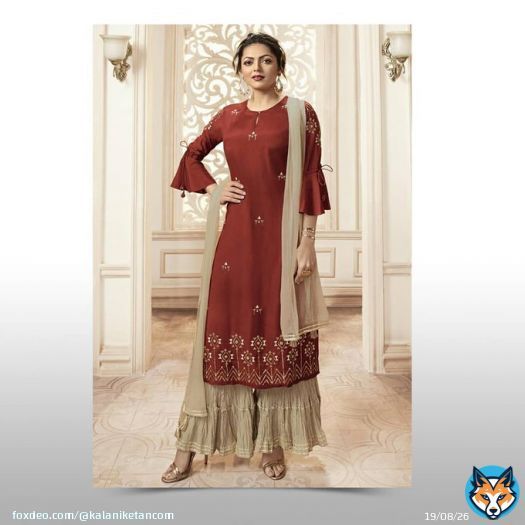 Shop this Drashti Dhami Party Wear Rust Color Embroidered Viscose Fabric Readymade Sharara Suit here at 15% Off :   #DrashtiDhami #celebritystylesuit #celebritystylesalwarsuit #celebstyle #salwarsuit #shararasuit #sharara #ethnicewear #traditionaldre