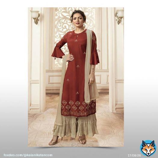 Shop this Drashti Dhami Party Wear Rust Color Embroidered Viscose Fabric Readymade Sharara Suit here at 15% Off :   #DrashtiDhami #celebritystylesuit #celebritystylesalwarsuit #celebstyle #salwarsuit #shararasuit #sharara #ethnicewear #traditionaldre