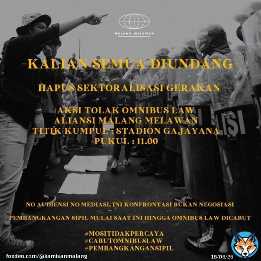 Jaga keamanan dan kesehatan, sebab perjuangan masih panjang.  #BatalkanOmnibusLaw #GagalkanOmnibusLaw #TolakOmnibusLaw #JegalSampaiGagal #JegalSampaiBatal #MosiTidakPercaya #MalangMelawan #KawanBantuKawan #Solidaritas #OmnibuslawSampah #BebaskanKawanKami