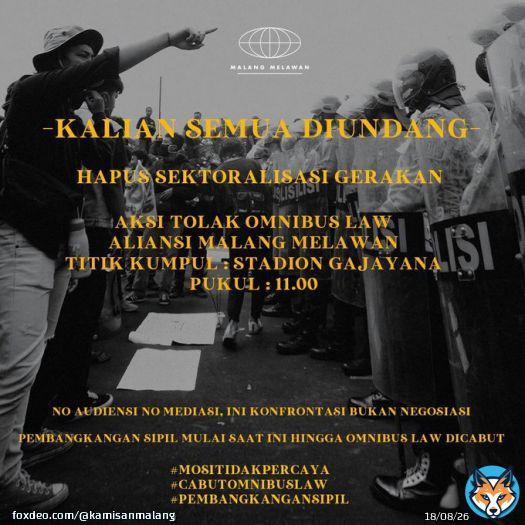 Jaga keamanan dan kesehatan, sebab perjuangan masih panjang.  #BatalkanOmnibusLaw #GagalkanOmnibusLaw #TolakOmnibusLaw #JegalSampaiGagal #JegalSampaiBatal #MosiTidakPercaya #MalangMelawan #KawanBantuKawan #Solidaritas #OmnibuslawSampah #BebaskanKawanKami