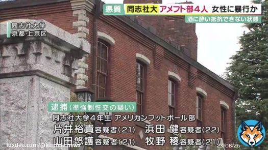 【面識ない20歳女子大生に酒飲ませ4人で性的暴行か　同志社大アメフト部「ワイルドローバー」部員4人逮捕】 同志社大学・アメフト部の男子部員4人が、20歳の女子大学生に対する性的暴行の疑いで逮捕されました。  準強制性交の疑&hellip; 続きは&darr;
