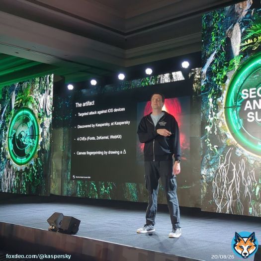 Now on the stage @TheSAScon is @2igosha.  In our investigation we found 4 #iOS #0day #iostriangulation   #thesas2023