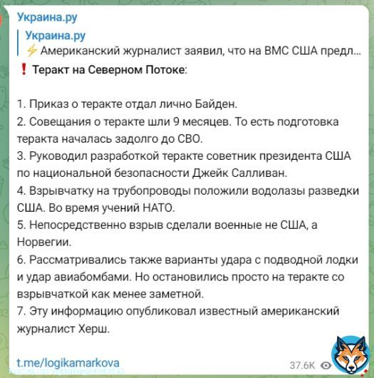 Журналист Сеймур Херш(США)заявил,что ответ за деверсию на ,,Северных потоках,,несёт НАТО кратко,по пунктам