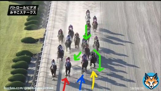 みやこS向正面、緑ハギノアレグリアス福永は向正面で迷っていた。  黄ブリッツファング池添の外を回ると大幅な距離ロスになる。かといって内に行くと赤メイショウフンジン、青メイショウドヒョウと客観的に見て下がってくる2頭。この後ろに入るのも勇気がいる。