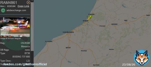 The Plane which was supposed to carry our #AtlasLions to Algeria to take part of #TotalEnergiesCHAN ,  BOEING 737-800, is coming back to Casablanca CMN after a short stop at Rabat Tarmac.   Royal Air Maroc B738 | CN-RGM | RAM4861 #ADSB #Planespotting#avgeeks