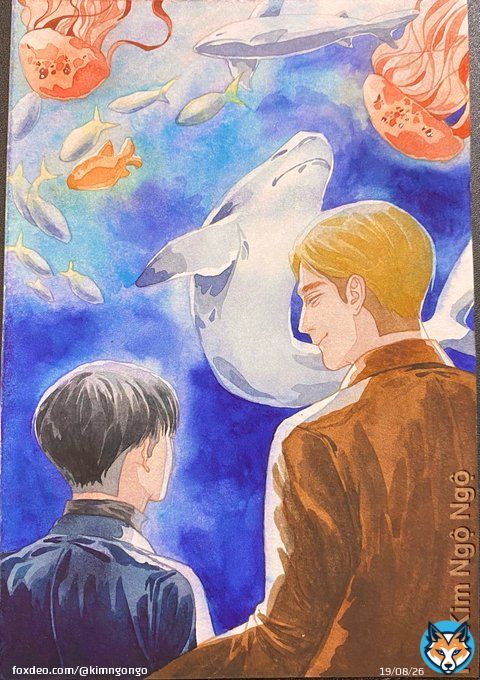 Levi, Erwin and the aquarium #erurifanart #eruri #aot #attackontitan #leviackerman #erwinsmith  #ErwinXLevi #fanart #animefanart #anime #shingekinokyojin #進撃の巨人 #art #artists #ArtistOnTwitter #artwork #attackontitanart #watercolor #watercolorart #watercolorartist