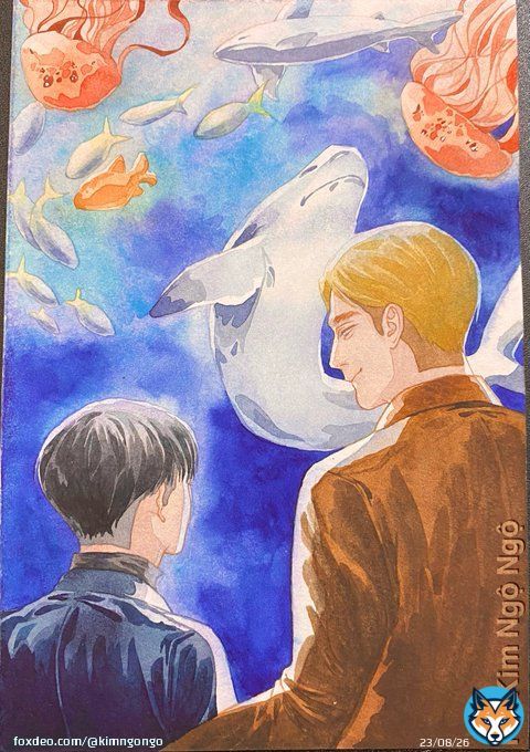 Levi, Erwin and the aquarium #erurifanart #eruri #aot #attackontitan #leviackerman #erwinsmith  #ErwinXLevi #fanart #animefanart #anime #shingekinokyojin #進撃の巨人 #art #artists #ArtistOnTwitter #artwork #attackontitanart #watercolor #watercolorart #watercolorartist