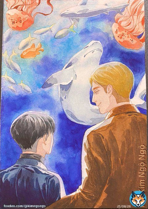 Levi, Erwin and the aquarium #erurifanart #eruri #aot #attackontitan #leviackerman #erwinsmith  #ErwinXLevi #fanart #animefanart #anime #shingekinokyojin #進撃の巨人 #art #artists #ArtistOnTwitter #artwork #attackontitanart #watercolor #watercolorart #watercolorartist