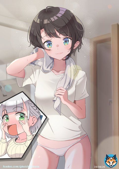 #プロテインザスバル  #ノエラート  湯上がりスバルちゃん 「お〜、来てたんだぁ、今日何する〜？」 「スバル先輩！パンツ！パンツっっっ！」