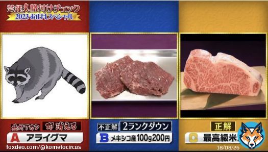 「芸能人格付けチェック！2023」に 米とサーカスからアライグマの お肉を提供しました  フットボールアワーさんは間違えるほど！GACKTｻﾏは美味しいとのコメント  米とサーカス高田馬場店 米とサーカス渋谷PARCO店で 「アライグマすきみそ鍋」ご提供してます  入荷不定期なので要予約！