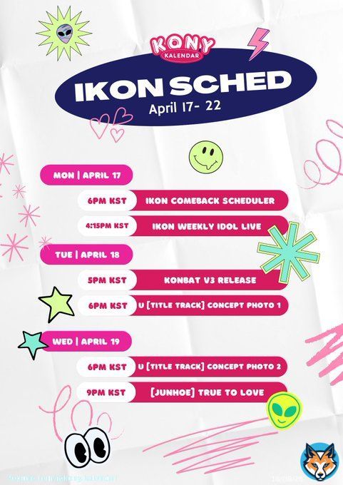 Updated #KonyKalendar for April 17-22  For more info, google calendar is also updated at   #iKON #아이콘 #アイコン @iKONIC_143