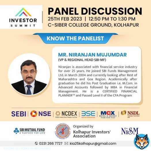 Our final panelist for the event is Mr. Niranjan Mujumdar. He is the VP and Regional Head at SBI-MF. He holds immense knowledge and expertise in the field of finance and is a Certified Financial Planner! Join us on 25th Feb at 12:50pm at C-SIBER College, Kolhapur.