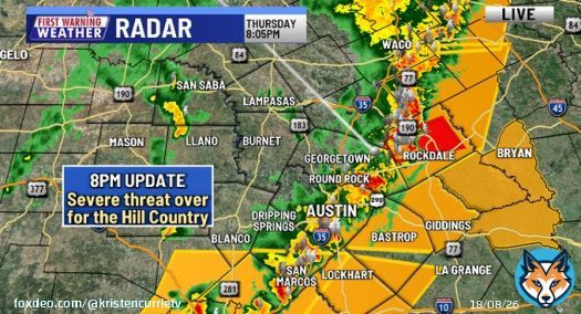 As of 8PM, severe threat is over for Hill Country, moving out of Austin-metro & into eastern counties.  #austin #atx @KXAN_Weather