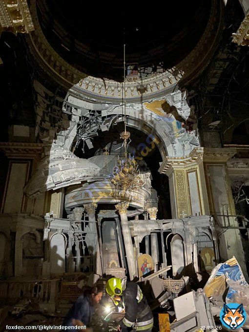 Russian missile attack destroys Odesa's Transfiguration Cathedral.  Russian missile attacks on the night of July 23 caused significant damage to Odesa's historic Transfiguration Cathedral, the city administration reported via Telegram.   Photo: Dumskska