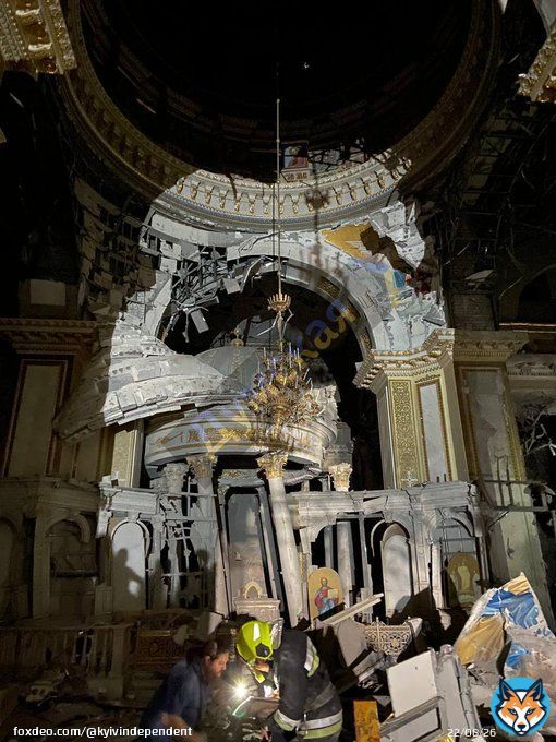 Russian missile attack destroys Odesa's Transfiguration Cathedral.  Russian missile attacks on the night of July 23 caused significant damage to Odesa's historic Transfiguration Cathedral, the city administration reported via Telegram.   Photo: Dumskska