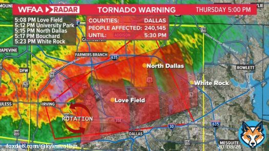TORNADO WARNING for Dallas County until 5:30pm. Storm has ramped up and so has circulation near Irving and Love Field. Very large hail possible in this storm in addition to the tornado threat. #wfaaweather  Radars: