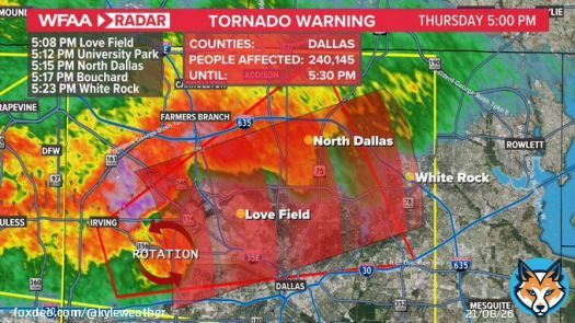 TORNADO WARNING for Dallas County until 5:30pm. Storm has ramped up and so has circulation near Irving and Love Field. Very large hail possible in this storm in addition to the tornado threat. #wfaaweather  Radars: