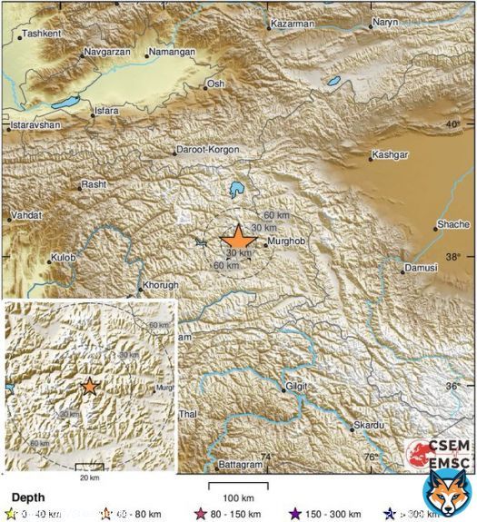 #Earthquake (#землетрясение) M5.2 occurred 46 km W of #Murghob (#Tajikistan) 27 min ago (local time 05:55:24). More info at: