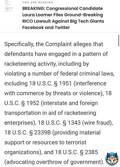 The best way for former Twitter execs to be prosecuted for supporting terrorism is for ppl to support my RICO lawsuit against Twitter & Facebook!  One of the claims in my May 2022 RICO case is violation of 18 U.S.C. &sect; 2339B (providing material support or resources to terror orgs)