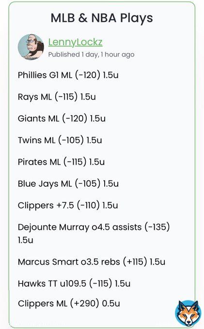 #MLB Phillies G1 ML  Rays ML  Blue Jays ML  Pirates ML  Twins ML  Giants ML   #NBA&nbsp; Hawks TT u109.5  Murray o4.5 assists  Smart o3.5 rebs  Clippers +7.5  Clippers ML   7-4  +4.43u  Great day despite dropping the free play   #GamblingTwitter