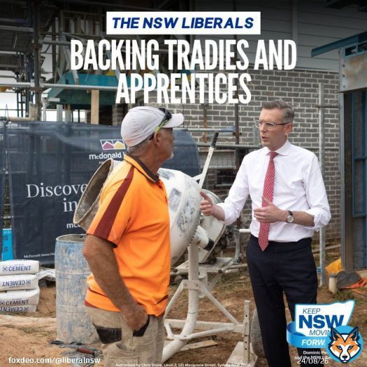 A re-elected Perrottet Liberal Government will support apprentices, trainees and tradies with a strong pipeline of jobs and opportunities thanks to our record $116 billion infrastructure pipeline. Vote 1 Liberal to #keepnswmovingforward #nswpol