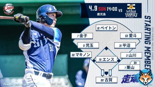 本日14:00の #ホークス 戦スタメンはこちら  1右 #愛斗 2遊 #児玉亮涼  3三 #マキノン  4一 #山川穂高 5指 #栗山巧  6中 #ペイトン 7二 #平沼翔太  8捕 #古賀悠斗  9左 #金子侑司  投 #エンス   #埼玉西武ライオンズ #seibulions