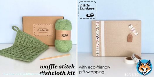 My #EcoFriendly dishcloth kit makes a lovely gift for someone crafty - and you can have it gift-wrapped too!  #EcoGifts #CraftKit #LittleConkers