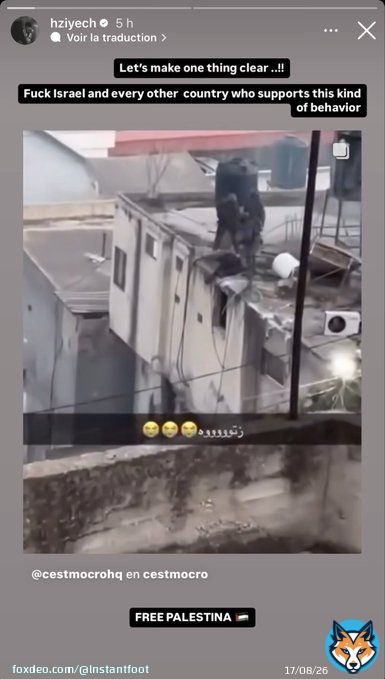 Sur Instagram, Hakim Ziyech critique Isra&euml;l et le gouvernement du Maroc qu'il accuse de 'soutenir le g&eacute;nocide' de la population palestinienne.   &laquo; Mettons les choses au clair. N*que Isra&euml;l et tous les autres pays qui soutiennennnent ce genre de comportements.  Ma story viseShow more