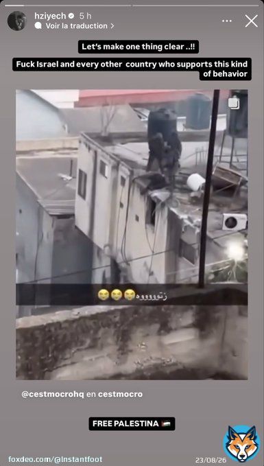 Sur Instagram, Hakim Ziyech critique Isra&euml;l et le gouvernement du Maroc qu'il accuse de 'soutenir le g&eacute;nocide' de la population palestinienne.   &laquo; Mettons les choses au clair. N*que Isra&euml;l et tous les autres pays qui soutiennennnent ce genre de comportements.  Ma story viseShow more