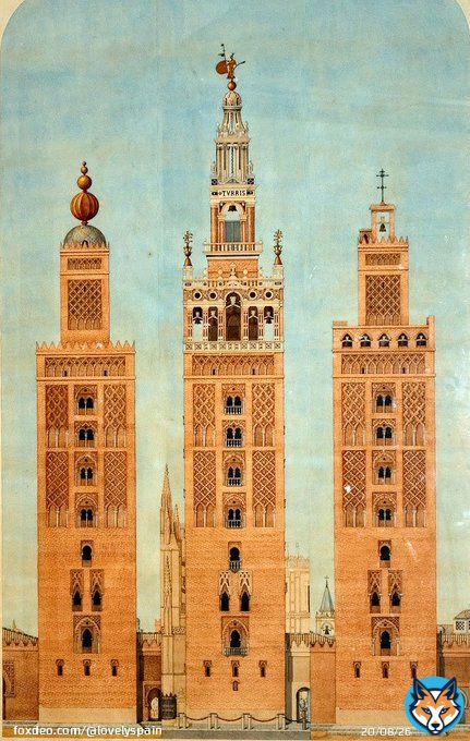 Different phases of the Giralda of Sevilla, Andaluc&iacute;a: on the left the original minaret (12th century), on the right its appearance after the earthquake (14th century) and in the center the current state with the top of the bell tower (16th century).