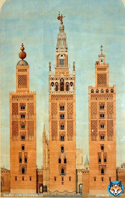 Different phases of the Giralda of Sevilla, Andaluc&iacute;a: on the left the original minaret (12th century), on the right its appearance after the earthquake (14th century) and in the center the current state with the top of the bell tower (16th century).
