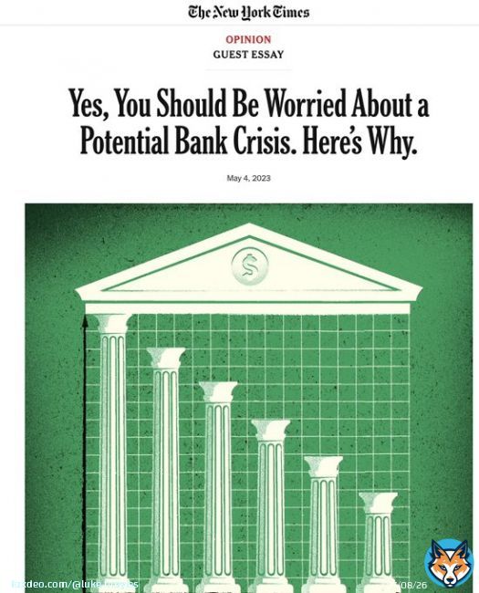 New York Times opinion says we should be 'worried' about a bank crisis.  While I agree that a banking crisis is increasingly likely the longer one's time horizon, it is fake news that one 'should' be worried about it.  I think one 'should' get off zeoff zero and NOT worry. #Bitcoin