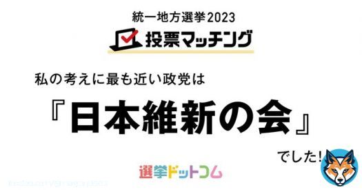 統一地方選挙2023 投票マッチング｜選挙ドットコム  維新83%、そんなもんでしょ