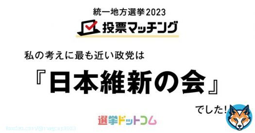 統一地方選挙2023 投票マッチング｜選挙ドットコム  維新83%、そんなもんでしょ